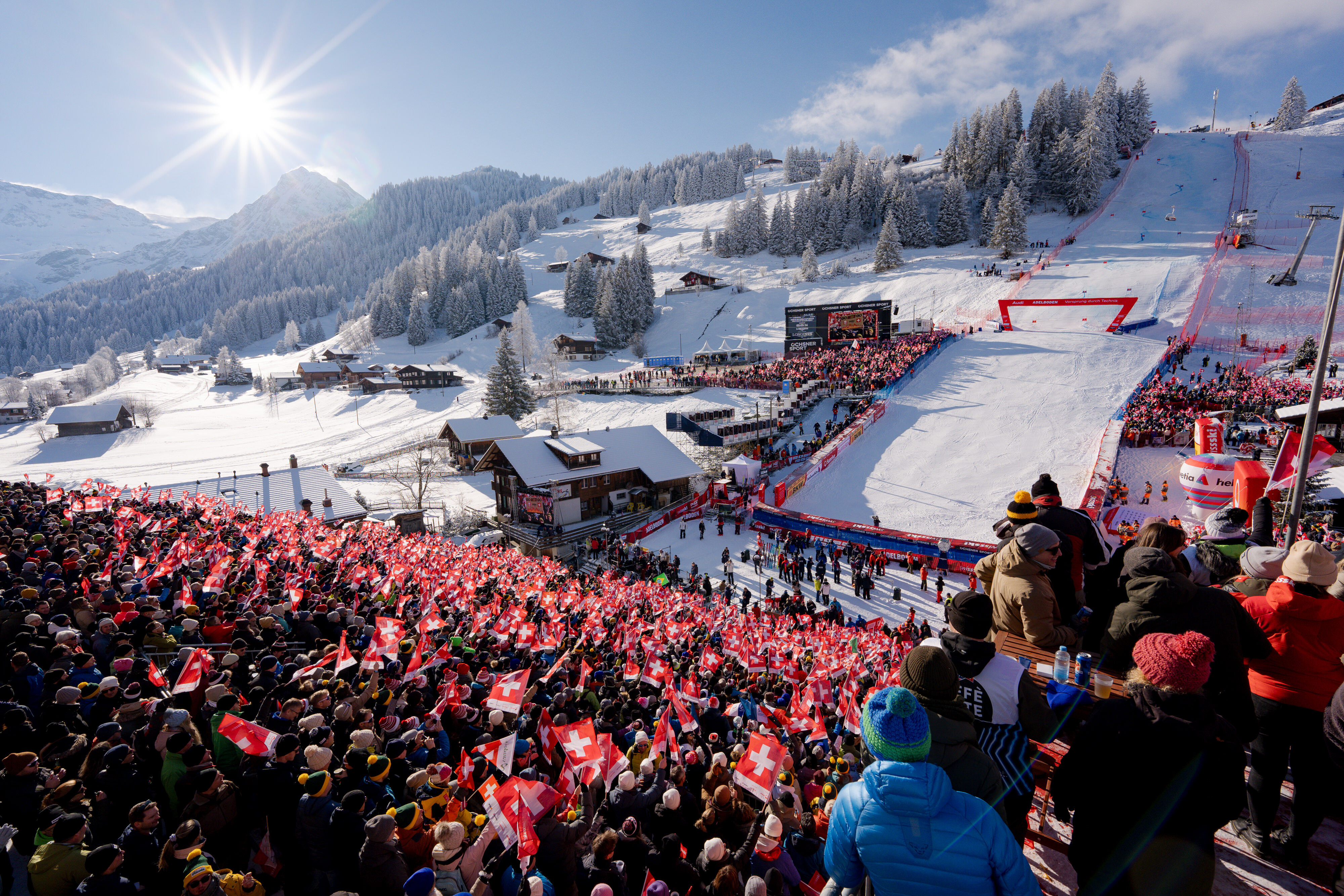 Skirennen Adelboden Chuenisbärgli, Zielhang mit Sonnenstrahlen